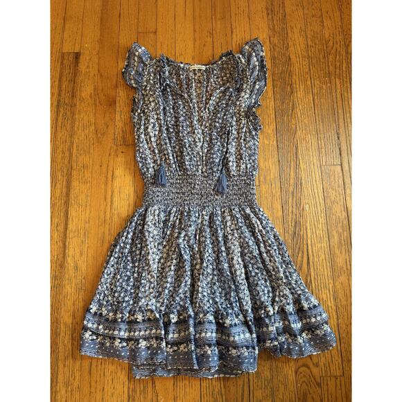 Ulla Johnson Dress Womens 4 Blue Floral Smocked Waist Ruffle Tassel Mini Boho - Picture 1 of 7